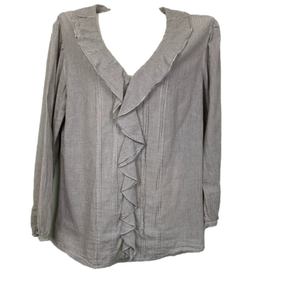𝅺Chico’s Long Sleeve Ruffle Blouse Grey & White Stripe Size L - Picture 1 of 5